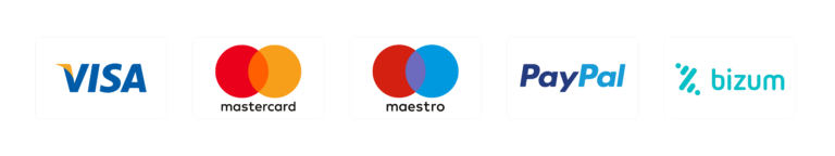 Métodos de pago: Visa, Mastercard, Maestro, PayPal y Bizum